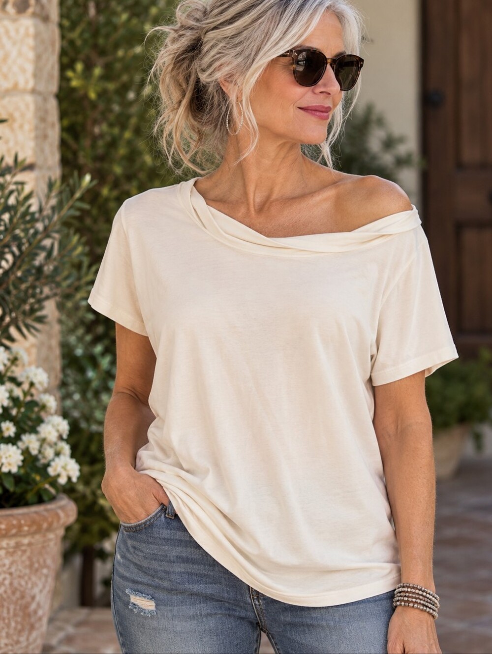 Chico’s Size 3 Ivory Draped Neck Off Shoulder Tee Cotton Stretch